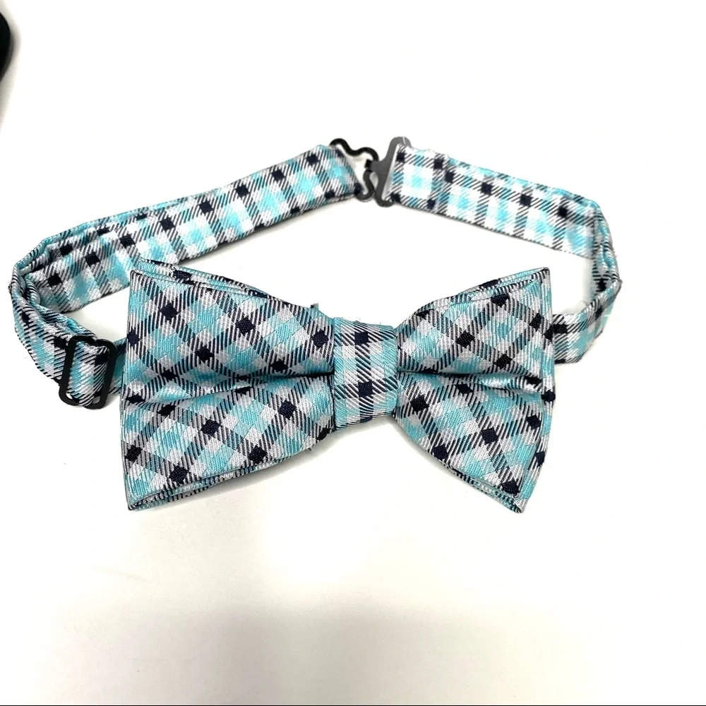 Ketch 2 Boys Black Tie Clip On - Black/ Blue Check Bow Tie - Great Condition